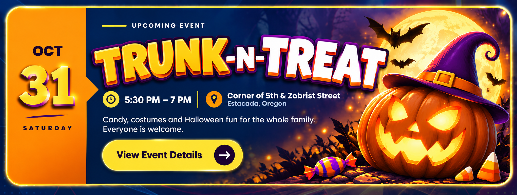 Trunk-N-Treat - October 31, Saturday, 5:30 PM to 7 PM, Corner of 5th and Zobrist Street, Estacada, Oregon